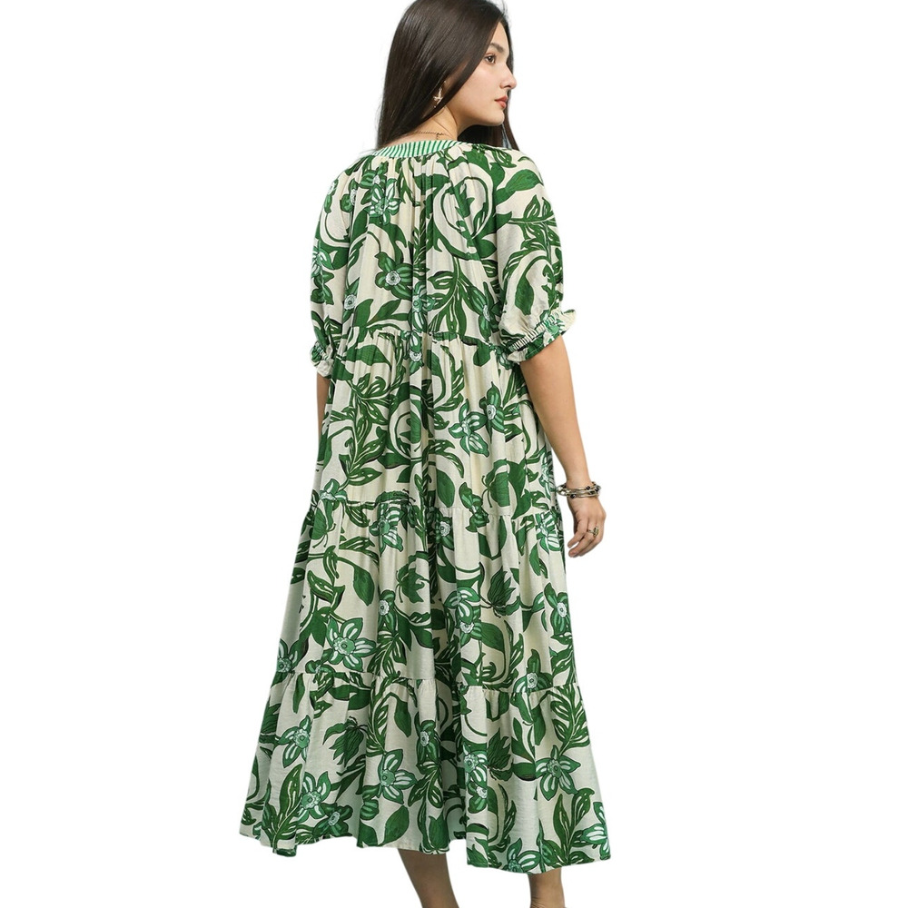 Botanical Leaf Print Tiered Midi Dress V-Neck Lined Green Cream Boho L - Picture 2 of 6